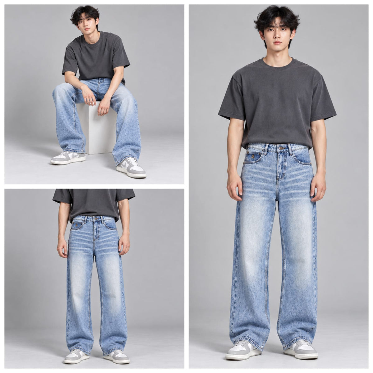Wide leg spray wash jeans