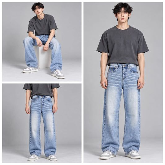 Wide leg spray wash jeans