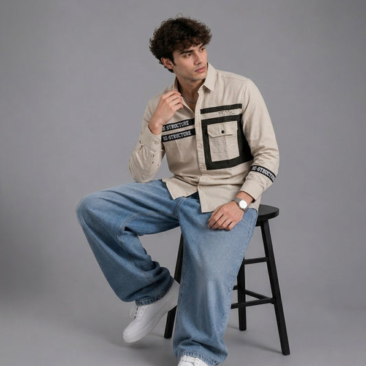 Single pocket beige designer shirt