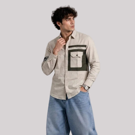Single pocket beige designer shirt